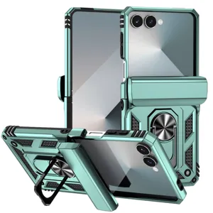 Rugged mint green phone case with ring stand and belt clip for foldable smartphone.