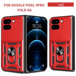 Funda protectora roja con soporte de anillo y cubierta de cámara para Pixel 9 Pro Fold.
