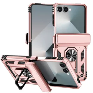 Detailed view of rugged rose gold phone case featuring ring stand and belt clip holster