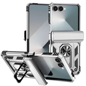 Rugged hinge protection phone case details showing metal ring stand and foldable design structure.