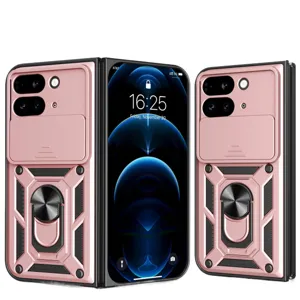 Funda protectora robusta rosa con soporte de anillo y cubierta de cámara para móvil.
