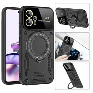 Vista detallada de funda magnética resistente con soporte de anillo metálico y lente.