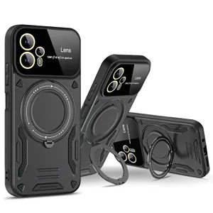 Funda magnética resistente para teléfono con protector de lente y soporte de anillo integrado.