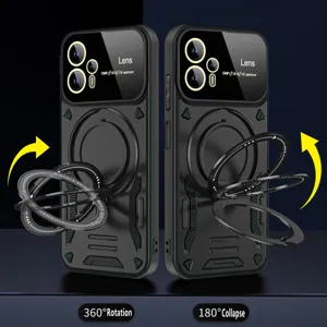 Funda de teléfono magnética resistente con soporte de anillo giratorio de 360 grados y cámara.