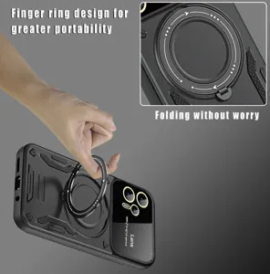 Vista detallada de la funda protectora con soporte de anillo plegable y protector de cámara.