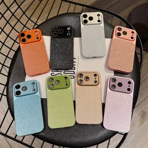 Trendy Glitter Faux Leather Phone Case Full Coverage Large Window Camera Lens Shockproof Protective Cover For iPhone Series