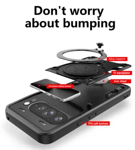 Exploded view of magnetic phone case showing alloy support, PC backplane, and sliding window.