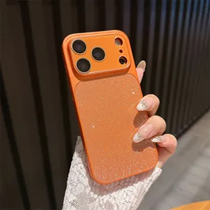 Orange glitter phone case with large camera window for iPhone 15 16 pro max protective cover
