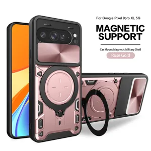 Rugged magnetic phone case for Google Pixel 9 Pro XL 5G with ring stand and rose gold finish.
