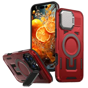 Funda protectora roja resistente con cubierta de cámara deslizante, anillo magnético y soporte