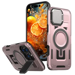 Funda protectora MagSafe resistente con cubierta de cámara y soporte en rosa para iPhone.