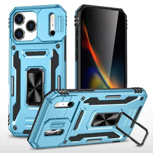 Rugged protective phone case with kickstand and camera slide cover for iPhone models, blue.