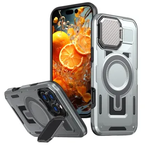 Funda protectora para iPhone con anillo MagSafe, cubierta de cámara y soporte integrado.