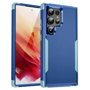Vista detallada de la funda protectora robusta con doble protección y módulo de cámara.