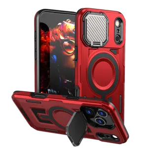 Funda de teléfono roja resistente con anillo MagSafe, cubierta de cámara y soporte para iPhone.