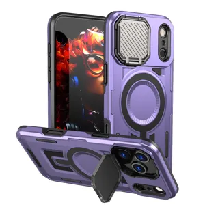 Funda protectora resistente morada con anillo MagSafe, deslizador y soporte práctico.