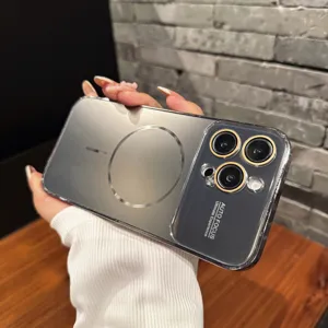 Funda de teléfono magnética galvanizada con protector de lente de cámara para iPhone 16 Pro Max 14 15