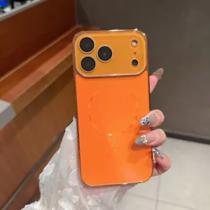 Funda de teléfono magnética galvanizada con gran ventana para iPhone 16 Pro Max en color naranja