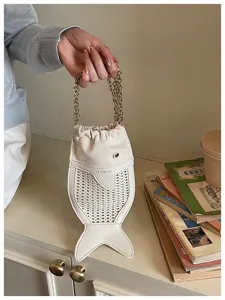 Women's Fashion Retro Hollow Goldfish Design Crossbody Bag PU Leather Canvas Patchwork Chain Shoulder Phone Bag