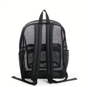 Black mesh backpack detail view, breathable travel daypack with comfortable shoulder straps.
