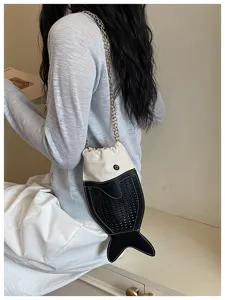 Women fashion novelty goldfish shoulder bag with chain strap PU leather drawstring casual purse.