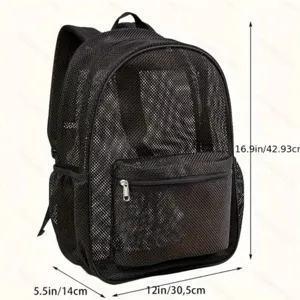 Large capacity black mesh backpack, durable outdoor travel daypack with multiple pockets.