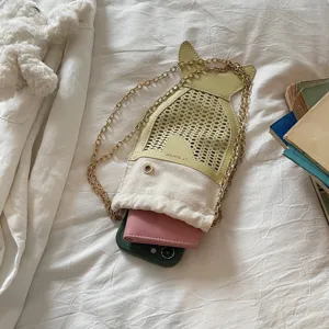 Unique fish shaped crossbody bag with canvas and PU leather, chain strap, cute phone purse.