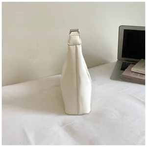 White PU leather women shoulder bag side detail, minimalist design casual underarm handbag