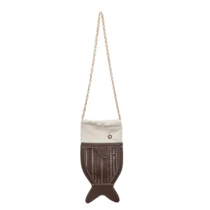 Hollow fish shaped crossbody bag with chain strap and drawstring closure for women.