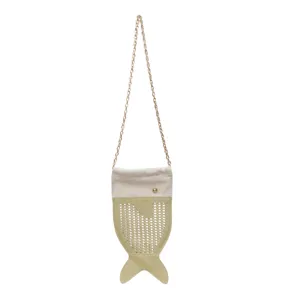 Hollow out fish shaped crossbody bag with gold chain strap and canvas drawstring closure.