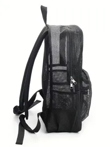 Black mesh backpack large capacity travel daypack breathable outdoor sports school bag side view