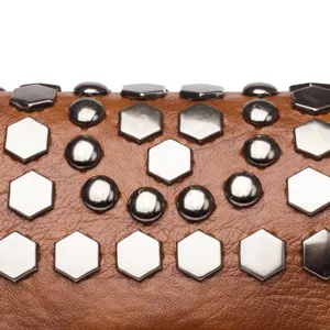 Brown leather shoulder bag with metal stud details, stylish retro women's handbag.