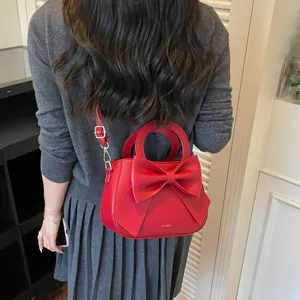 Red bow handbag women shoulder crossbody bag sweet style fashion bucket bag stylish accessory