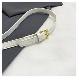 Detailed view of a white leather bag strap with a sleek gold buckle, elegant accessory.
