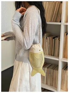 Stylish hollow fish shaped shoulder bag with chain strap and drawstring for women daily wear