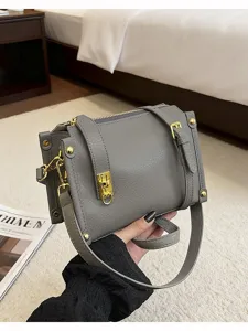 Grey structured crossbody bag for women, stylish niche design shoulder bag with wide strap.