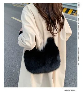 Black faux fur underarm bag with pearl chain strap, stylish autumn winter fuzzy shoulder bag.