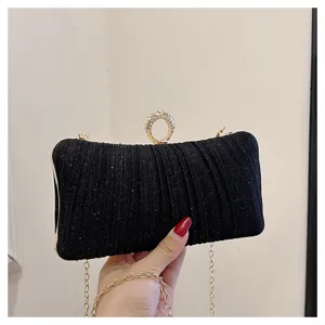 Black evening clutch bag with sparkling rhinestones, gold chain shoulder bag for women.