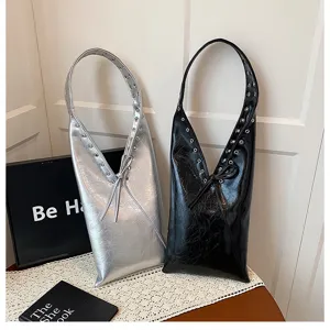 Women PU Leather Shoulder Bag Retro Casual Tote Bag Trendy Underarm Bag Silver Black