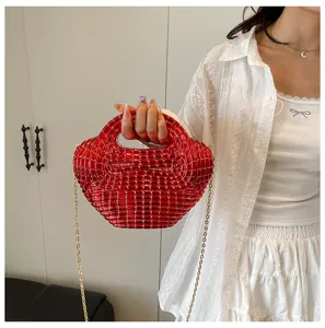 Glossy red acrylic beaded dumpling shoulder bag with gold chain stylish women handbag