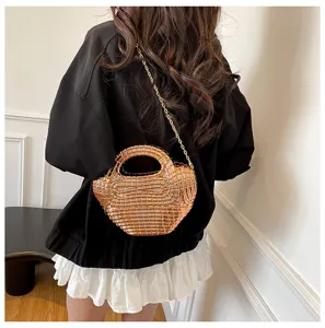 Shiny metallic beaded shoulder bag detail, stylish women evening dumpling handbag with chain.