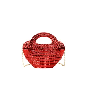 Red shiny acrylic dumpling crossbody bag for women, fashion bow design with gold chain strap.