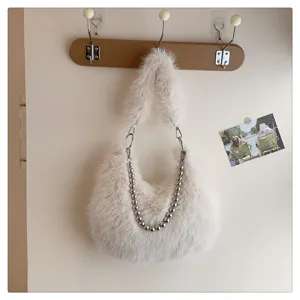 Chic autumn winter faux fox fur shoulder bag with metal bead chain, soft fluffy underarm handbag.