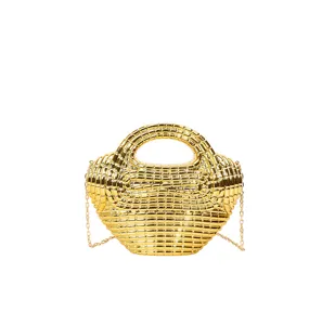 Gold shiny acrylic dumpling bag detail, stylish crossbody handbag with chain strap.
