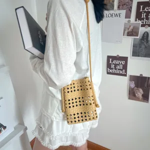 Borsa a tracolla intrecciata gialla da donna, elegante borsa a secchiello per il lavoro quotidiano.