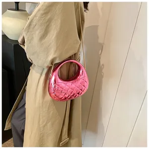 Pink metallic quilted acrylic evening bag with gold chain strap, chic party crossbody purse.