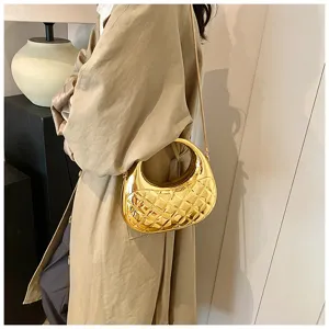 Glossy metallic quilted shoulder bag for women, elegant hobo chain crossbody bag for autumn.