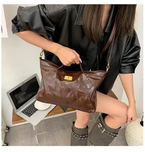 Vintage large capacity women shoulder bag PU leather quilted tote handbag casual daily use