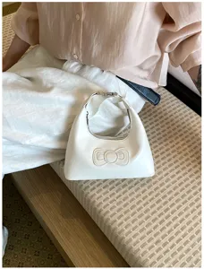 White hobo shoulder bag for women, stylish cute bow design crossbody handbag.