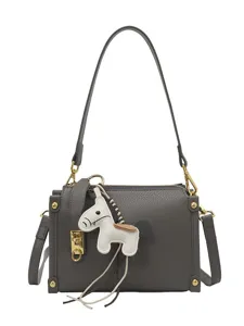 Grey shoulder crossbody bag with cute horse charm, stylish casual daily handbag for women.